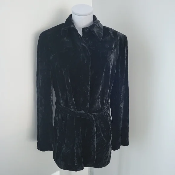 Vintage Y2K Jones New York Black Crushed Velvet Belted Jacket Sz 10 - Picture 1 of 11